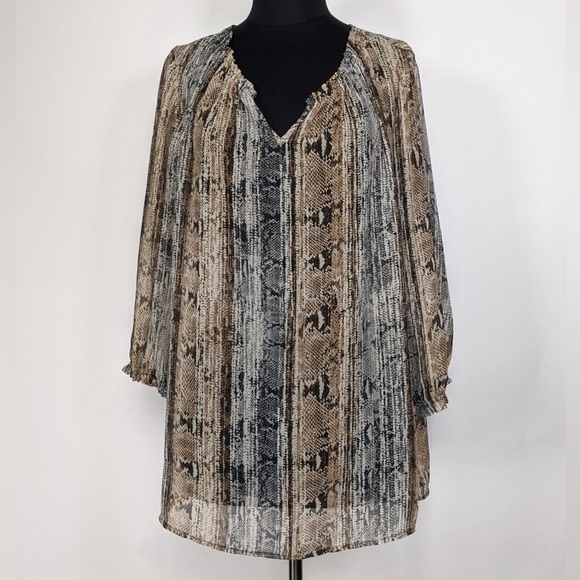 LIz Claiborne Chiffon V-Neck Long Sleeve Striped Tunic Top - Picture 1 of 11